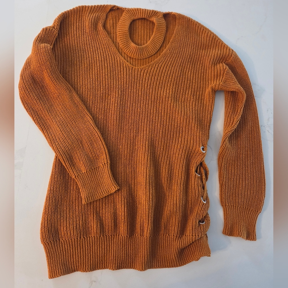 Guess Cotton Blend Knit Neckband Sweater with Side Detail
